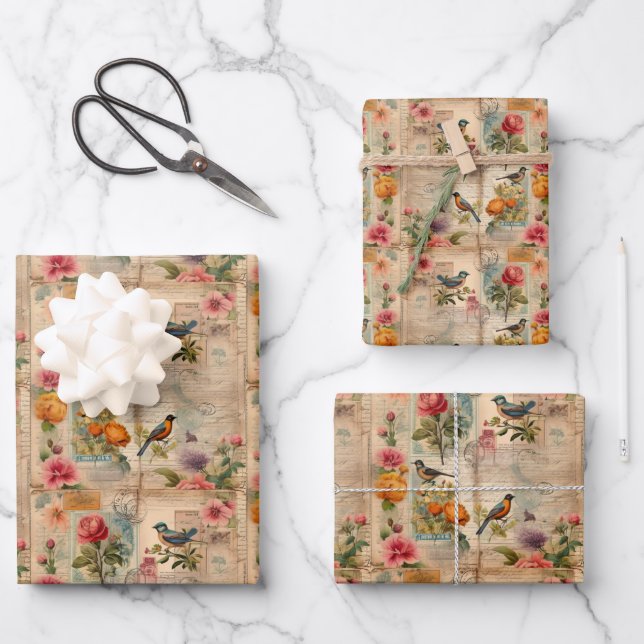 Junk Journal page with flowers + birds -  Wrapping Paper Sheet (Front)