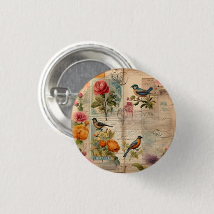 Junk Journal Seite mit Blumen + Vögel - 3 Cm Round Badge