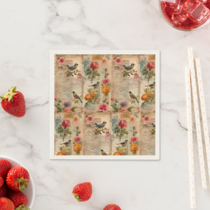 Junk Journal Seite mit Blumen + Vögel - Napkin