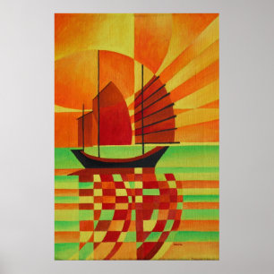 Junk on Sea of Green Cubist Abstract Poster