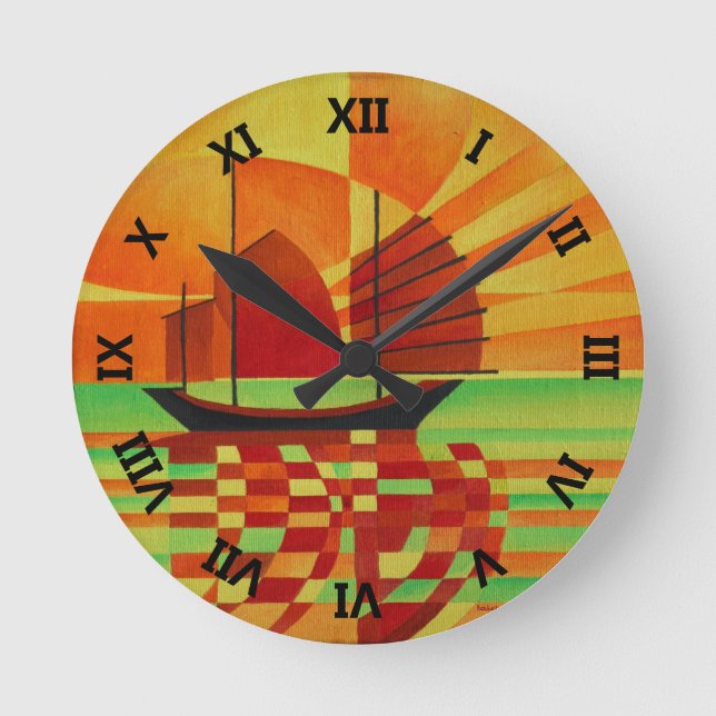 Junk on Sea of Green Cubist Abstract Round Clock (Front)