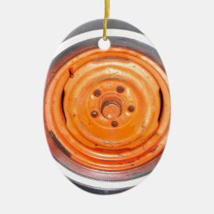Junk Yard vintage Wheel, orange black and white Ceramic Ornament