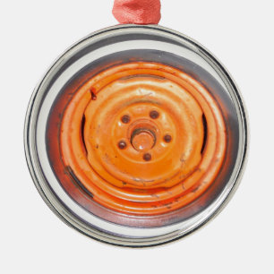 Junk Yard vintage Wheel, orange black and white Metal Ornament