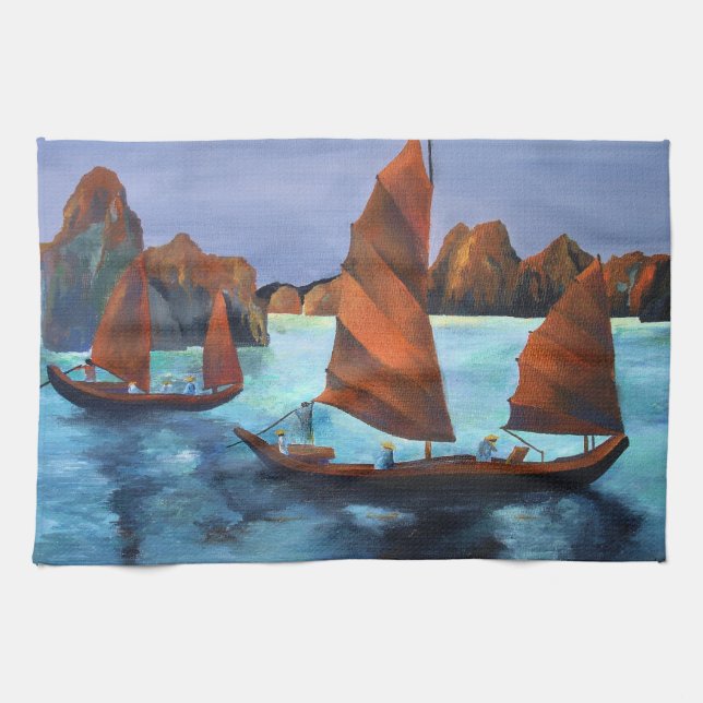 Junks In The Descending Dragon Bay Tea Towel (Horizontal)