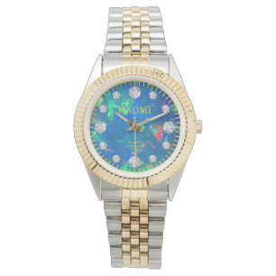 Jupiter Blue Sea Fire Opal Diamond Custom Name Watch