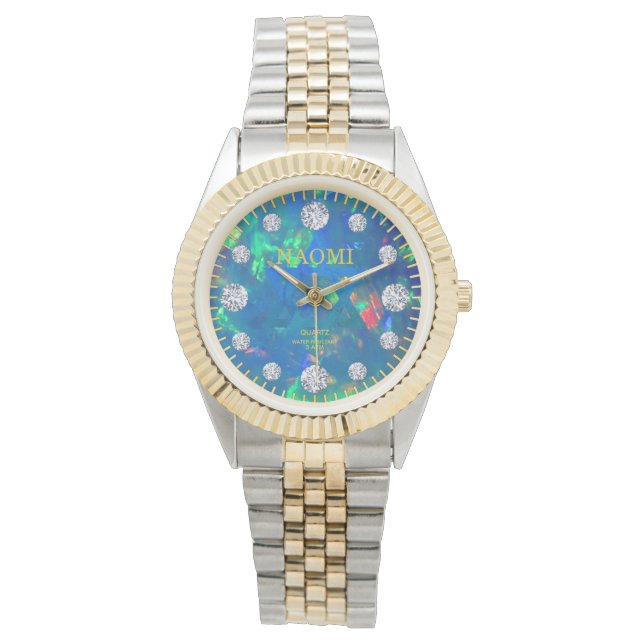 Jupiter Blue Sea Fire Opal Diamond Custom Name Watch (Front)