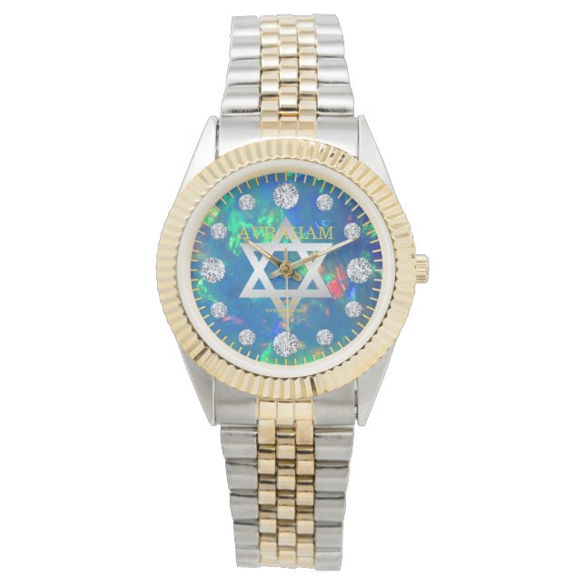 Jupiter Blue Sea Fire Opal Diamond Custom Name Watch (Front)