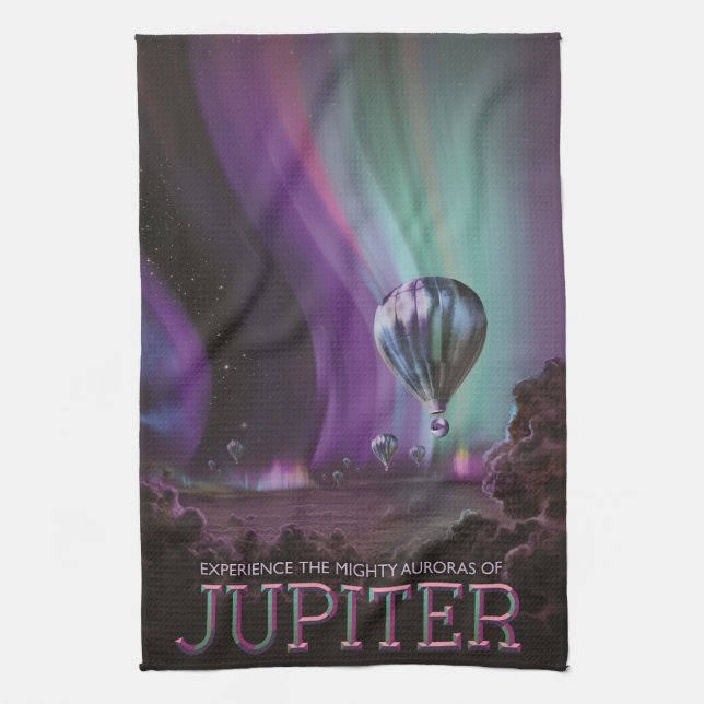 Jupiter Travel by Hot Air Balloon Bighty Auroras Tea Towel (Vertical)