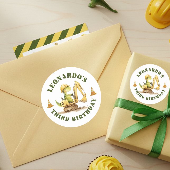 Jurassic Construction Zone Boy Birthday Classic Round Sticker (Creator Uploaded)