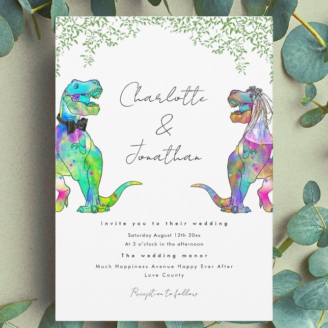 Jurassic Dinosaur Theme Wedding Invitation (Colorful dinosaur theme wedding invitation with fun T-Rex bride and groom and watercolor greenery)