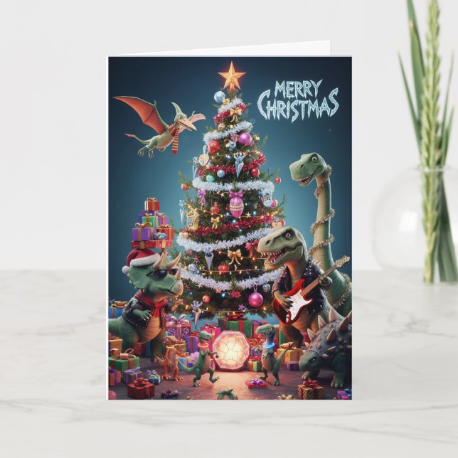 Jurassic Jingle Bell Rock Christmas Dinosaur Card (Front)
