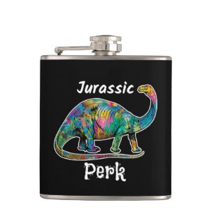 Jurassic Perk Colorful Dinosaur Black Hip Flask