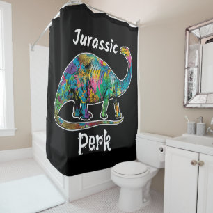 Jurassic Perk Colorful Dinosaur Black Shower Curtain