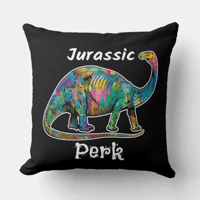 Jurassic Perk Colourful Dinosaur Black Cushion (Front)