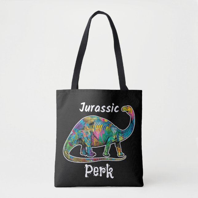 Jurassic Perk Colourful Dinosaur Black Tote Bag (Front)