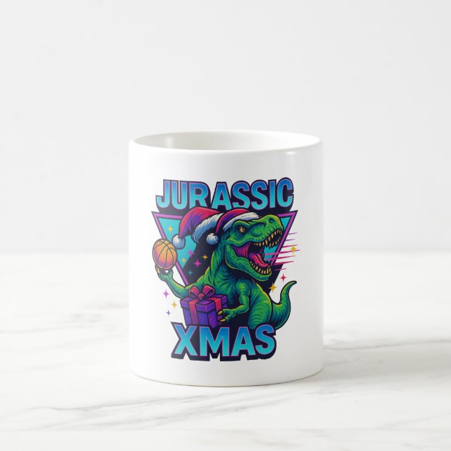 Jurassic Xmas T-Rex - Retro 80s Neon Dinosaur Xmas Coffee Mug (Center)