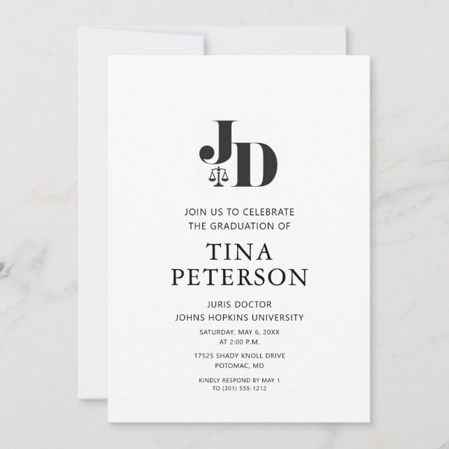 Juris Doctor Law School Graduation Party Invitation (Front)