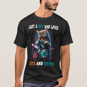 Just A Boy Who Loves Cats And Drums Cute Cat Playi T-Shirt