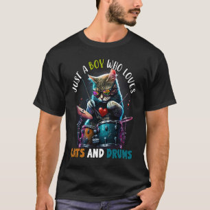 Just A Boy Who Loves Cats And Drums Cute Cat Playi T-Shirt