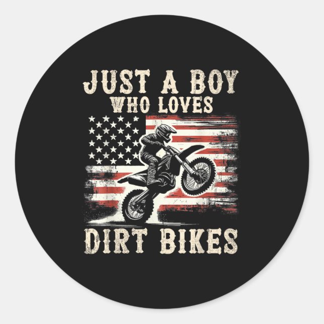 Just A Boy Who Loves Dirt Bikes American Flag Moto Classic Round Sticker (Front)