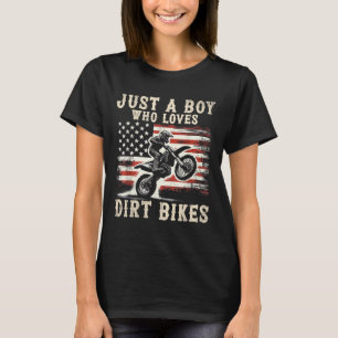 Just A Boy Who Loves Dirt Bikes American Flag Moto T-Shirt