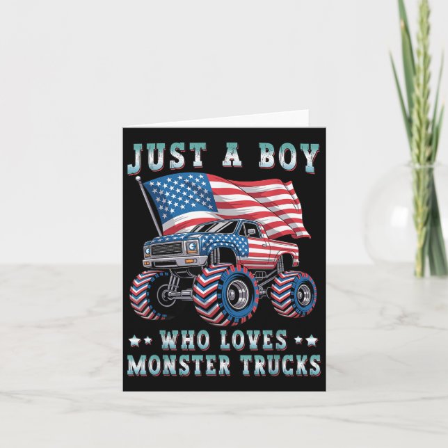 Just A Boy Who Loves Monster Trucks American Flag  Card (Front)