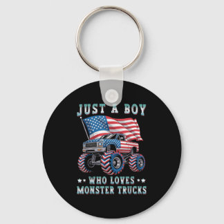 Just A Boy Who Loves Monster Trucks American Flag  Key Ring