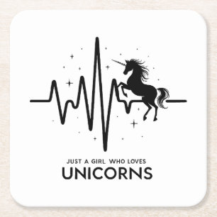 Just A Girl Love for Unicorns Heartbeat Square Paper Coaster
