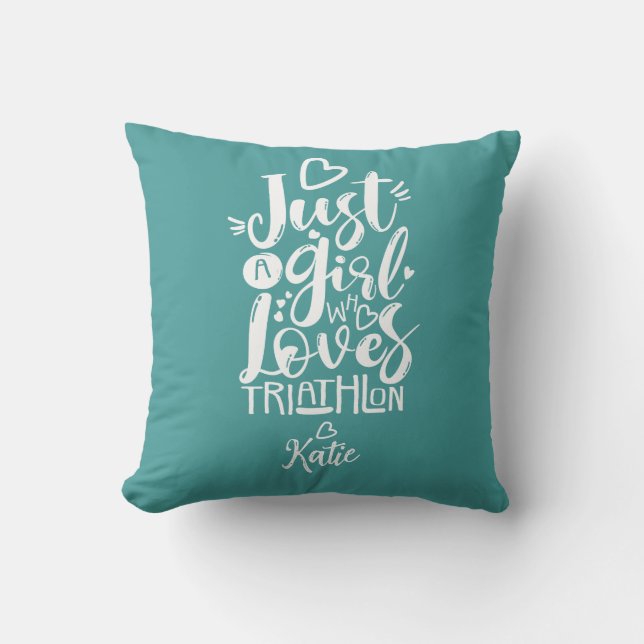 Just A Girl Turquoise Triathlon Simple Modern Typo Cushion (Front)