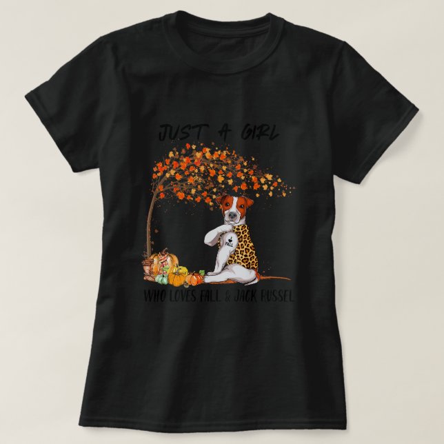 Just A Girl Who Love Fall And Jack Russel Leopard  T-Shirt (Design Front)