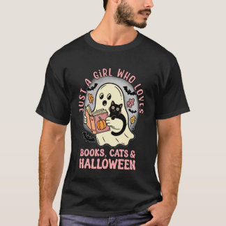 Just a Girl Who Loves Books Cats Halloween Tee