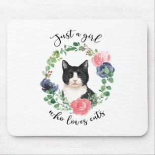 Just a Girl Who Loves Cats Blue Floral Mouse Pad