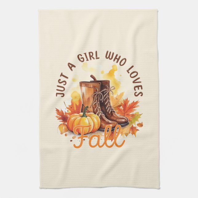Just A Girl Who Loves Fall – Cosy Autumn Vibes Tea Towel (Vertical)