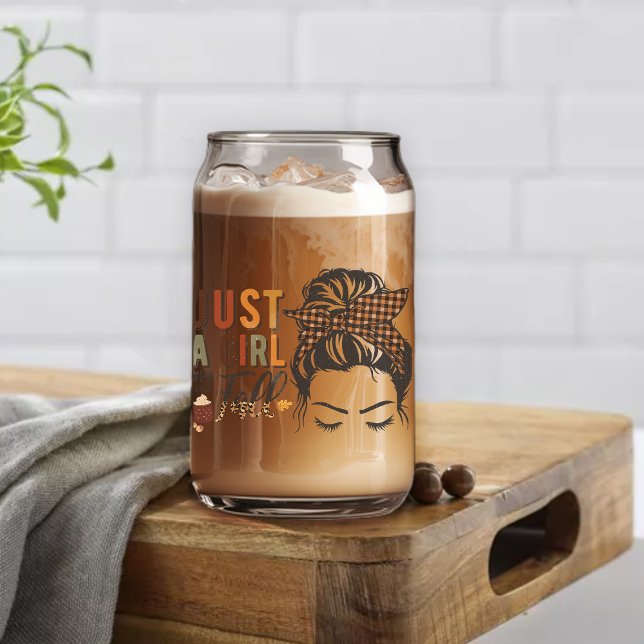 Just A Girl Who Loves Fall Plaid Messy Bun Can Glass (Creator Uploaded)