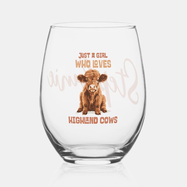 Just a girl who loves Highland Cows Stemless Wine Glass (Front)