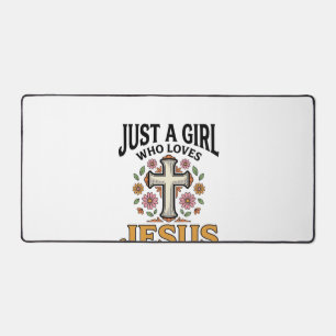 Just a Girl Who Loves Jesus Floral Cross Shirt_1 Desk Mat