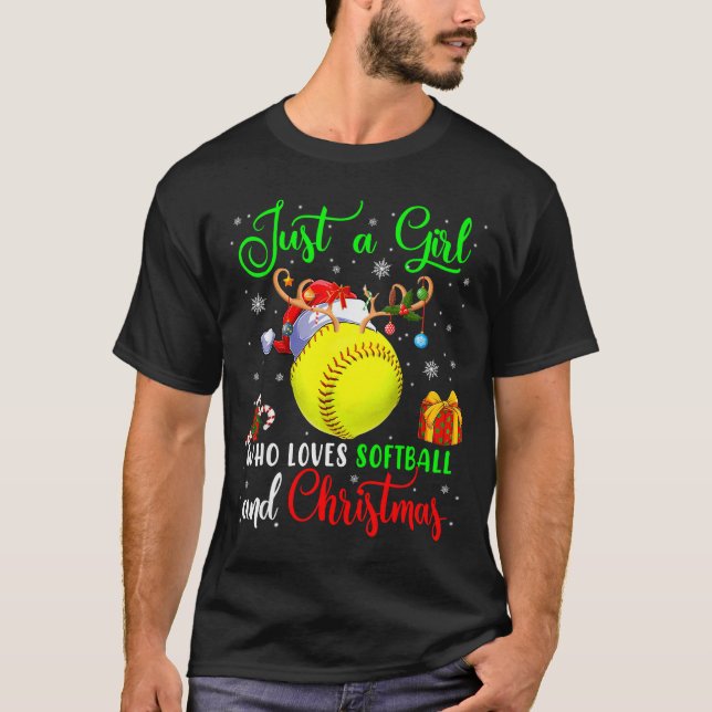 Just A Girl Who Loves Softball And Christmas Santa T-Shirt (Front)