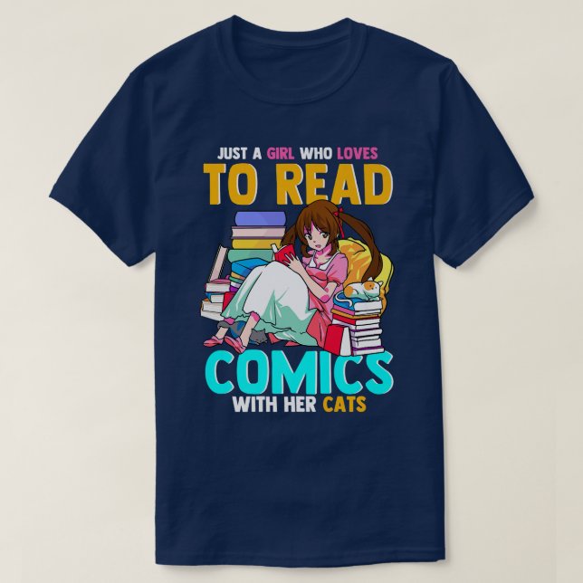 Just A Girl Who Loves To Read Comics With Her Cats T-Shirt (Design Front)