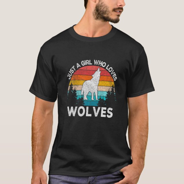 Just A Girl Who Loves Wolves Retro Wolf  Girl Vint T-Shirt (Front)