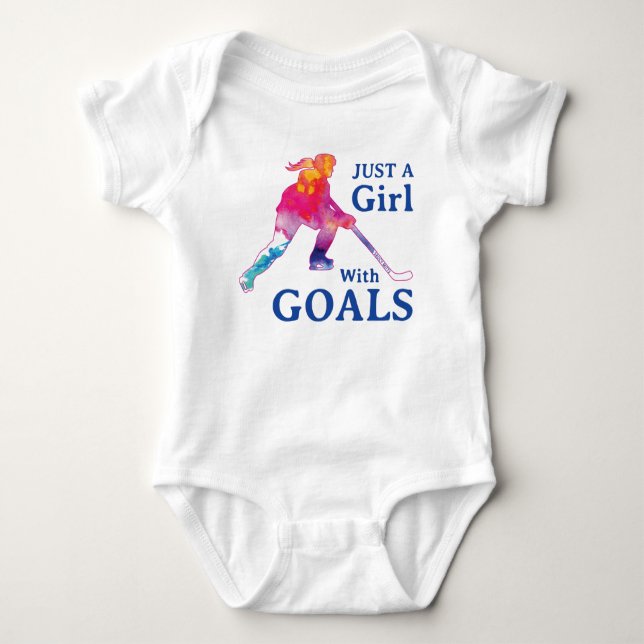 Just a Girl With Goals Hockey Watercolor Baby Bodysuit (Front)