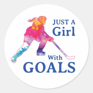Just a Girl With Goals Hockey Watercolor Classic Round Sticker