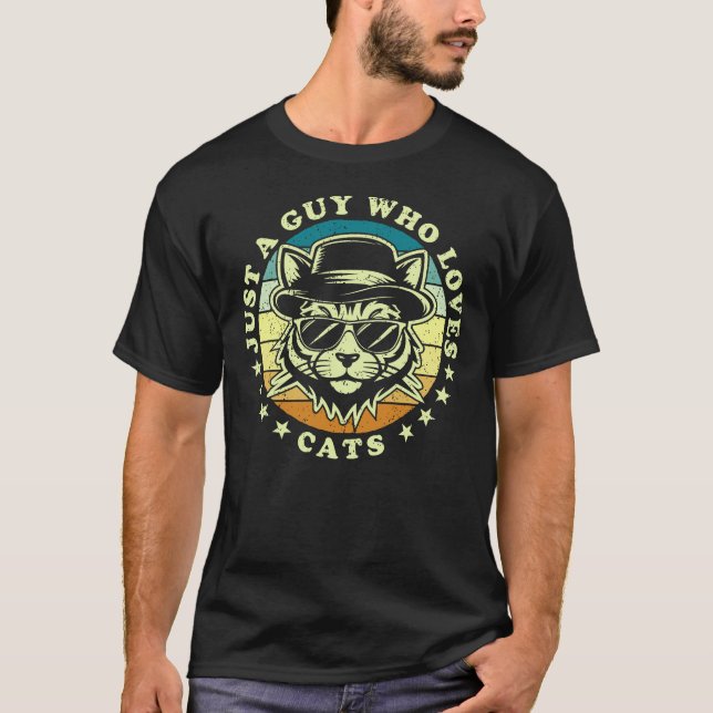 Just A Guy Who Loves Cats Retro Sunset T-Shirt (Front)