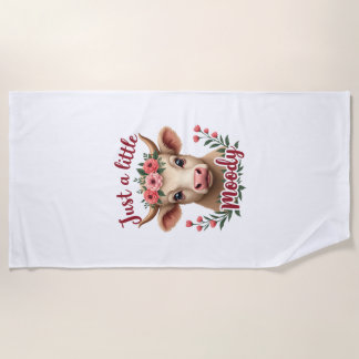 Just a Little Moody Vintage Highland Cow Floral Fu Beach Towel