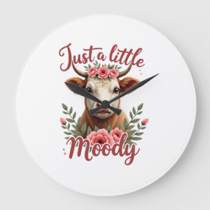 Just a Little Moody Vintage Highland Cow Floral Fu Large Clock