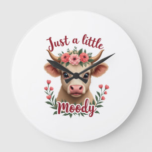 Just a Little Moody Vintage Highland Cow Floral Fu Large Clock