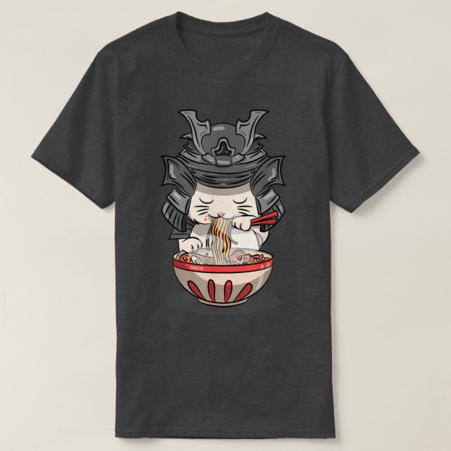 Just a Samurai Anime Cute Kawaii Cat Eating Some R T-Shirt (Design Front)
