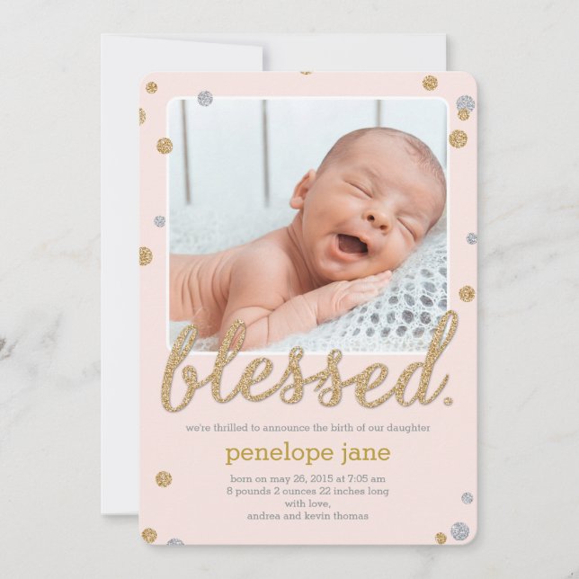 Just Blessed Birth Announcement - Pink (Front)