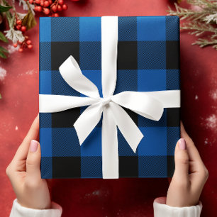 Just Blue and Black Buffalo Plaid Christmas Wrapping Paper Sheet