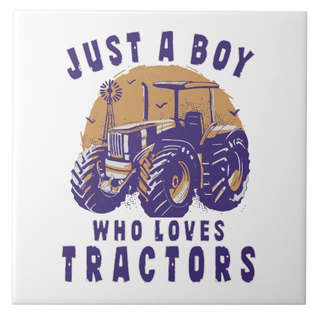 Just Boy Who Loves Tractors Farm Trucks Ceramic Tile (Front)