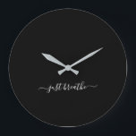 Just breathe black elegant script yoga large clock<br><div class="desc">Modern yoga clock with a chic black background and an elegant hand lettered white script with the quote "just breathe".</div>